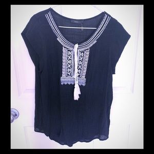 THML black white embroidered boho top L